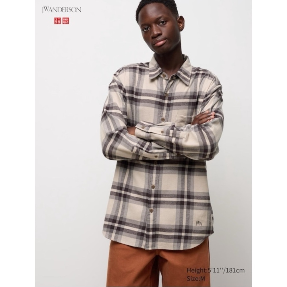 JW Anderson x Uniqlo Gray Brown Plaid Button Up Flannel Shirt sz M